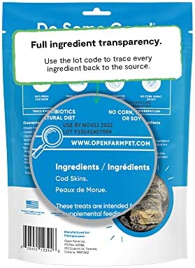 Open Farm Dehydrated Cod Skin Grain-Free Dog Treats, One-Ingredient Gently Cooked Pacific Fish Recipe with No Artificial Flavors or Preservatives, 2.25 oz