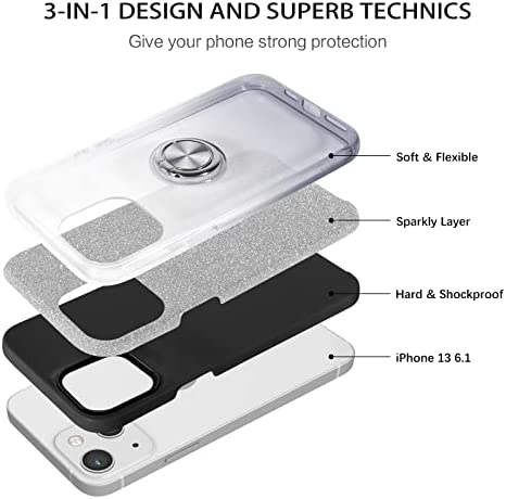 BENTOBEN Case for iPhone 13, iPhone 13 Phone Case, Slim Glitter Case with 360° Ring Holder Kickstand Magnetic Car Mount Supported Protective Girls Women Men Boys Cover for iPhone 13 6.1" 5G, Black