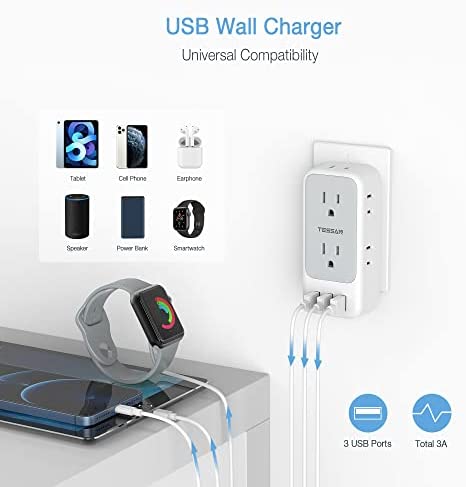 Multi Plug Outlet Extender with USB, TESSAN Electrical 7 Outlet Splitter with 3 USB Wall Charger, Multiple Power Expander for Cruise, Home, Office, Dorm Essentials
