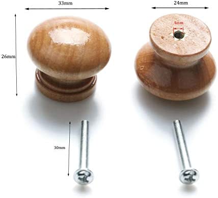 24 PCS Round Wood Drawer Knob with Screws Wooden Finish Furniture Cabinet Closet Dresser Pull Handles(33mm Diameter,26mm Overall Height)
