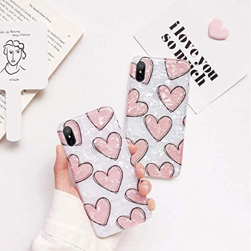 J.west iPhone XR Case 6.1-inch Luxury Cute Pink Heart Design Sparkle Translucent Pearly-Lustre Love Pattern Print Flexible Slim Soft Silicone Rubber Protective Phone Case Cover for Girls Women