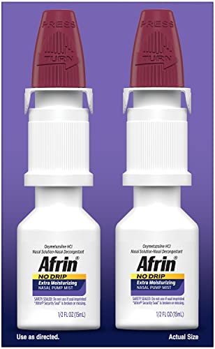 Afrin No Drip Extra Moisturizing Pump Nasal Mist Twin Pack, Congestion Relief, 1 Fluid Ounce Total (0.5 FL OZ Bottles) (Packaging May Vary)