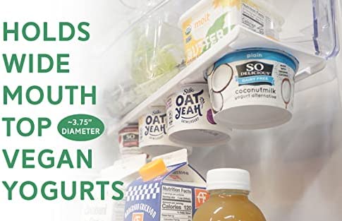 Storage Theory Yogurt Fridge Organizer - Holds up to 4 Wide-Mouth Vegan and Greek Yogurt Cups Each - Peel and Stick Slider Shelf for Small Refrigerator Spaces - 2 pc