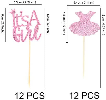 Ercadio 24 Pack It's a Girl Cupcake Toppers Pink Glitter Dress Cupcake Picks Baby Shower Gender Reveal Girls Birthday Party Cake Decorations Supplies