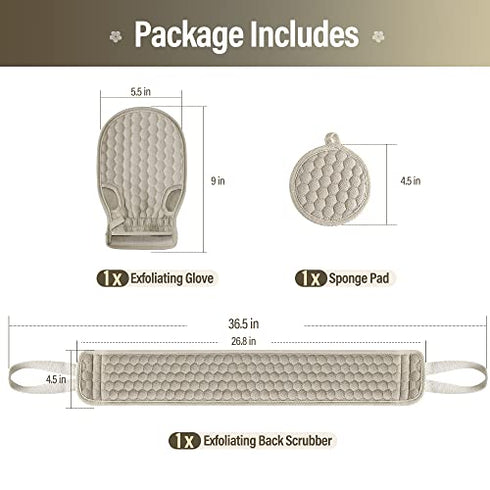 Suntee Exfoliating Back Scrubber for Shower, 3 PCS Loofah Back Scrubber with Exfoliating Glove and Sponge Pad Set, Long Deep Clean Back Washer Bath Shower Scrubber for Men and Women (36.5*4.5 inch)