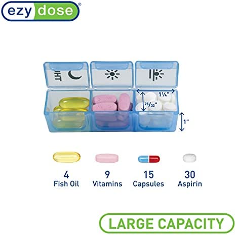 Ezy Dose Weekly (7-Day) Pill Organizer, Vitamin and Medicine Box, X-Large Pop-Out Compartments, 3 Times a Day, Rainbow Lids with Case