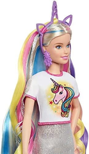 Barbie Fantasy Hair Doll, Blonde, with 2 Decorated Crowns, 2 Tops & Accessories for Mermaid and Unicorn Looks, Plus Hairstyling Pieces, for Kids 3 to 7 Years Old