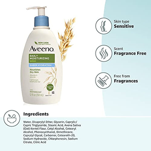 Aveeno Sheer Hydration Daily Moisturizing Fragrance-Free Lotion with Nourishing Prebiotic Oat, Fast-Absorbing Body Moisturizer for Dry Skin with Lightweight, Breathable Feel, 12 fl. Oz