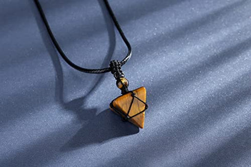 Tiger Eye Healing Crystal Necklace Pointed Pendant Necklaces Adjustable Rope Natural Pyramid Gemstone Stone Necklace Reiki Quartz Jewelry for Women Men