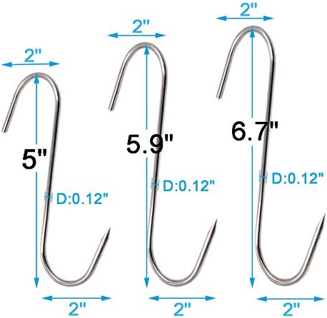 RJWKAZ Meat Hooks S-Hooks Stainless Steel Poultry Hook Butcher Hook Hanging Drying BBQ Grill Cooking Smoker Hook Tool (6.7 Inch-6 Pack)