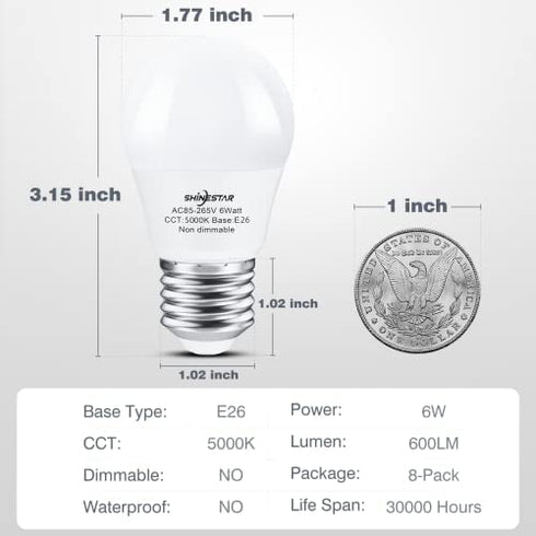 SHINESTAR 8-Pack A15 LED Ceiling Fan Light Bulbs 5000K Daylight, E26 Standard Base 6w (60w Equivalent), High CRI 85+ for Natural and Radiant Colors, Non-Dimmable