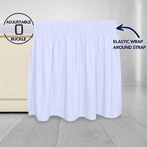 PureFit Wrap Around Ruffled Bed Skirt with Adjustable Elastic Belt - 18 Inch Drop Easy to Put On, Wrinkle Free Bedskirt Dust Ruffles, Bed Frame Cover for Queen, King and C-King Size Beds, White