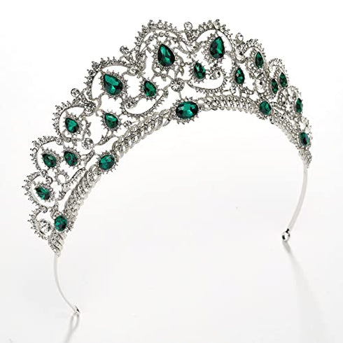 SWEETV Vintage Crystal Wedding Crown for Women, Green Rhinestone Queen Tiara Bridal Hair Accessories, Emerald