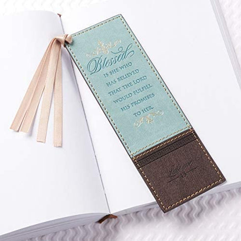 Christian Art Gifts Faux Leather Bookmark Blessed is She Luke 1:45 Bible Verse w/Satin Ribbon Tassel, Blue