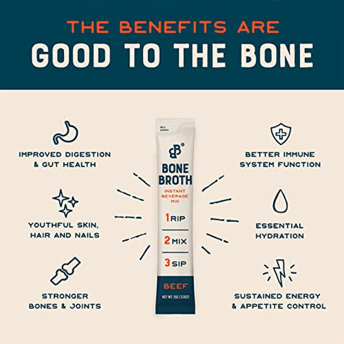 Bare Bones Bone Broth Instant Powdered Beverage Mix, Beef, Pack of 4, 15g Sticks, 10g Protein, Keto & Paleo Friendly
