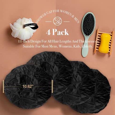 Shower Cap for Men Reusable Extra Large Shower Cap for Women (Black 4 Pack Large) Satin Double Layer EVA Waterproof Long Hair Cap