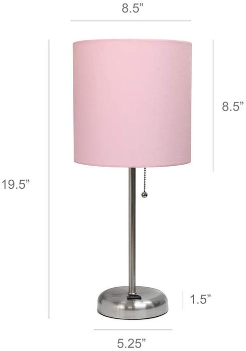 Limelights LT2024-LPK Stick Charging Outlet Table Lamp, Brushed Steel Base/Light Pink Shade