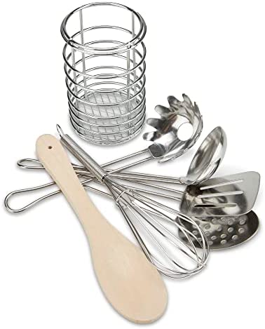 Melissa & Doug Stir and Serve Cooking Utensils (7 pcs) - Stainless Steel and Wood