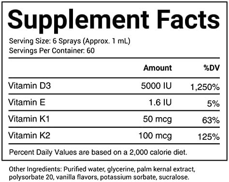 Advanced Vitamin D3 (5000 IU) and Vitamin K2 Spray, Liquid D supplement with K1, E Vitamins, Nano Technology for Instant Absorption and Custom Dosage for Adults and Kids (8 oz - 240 Servings)