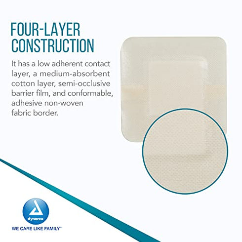 Dynarex DynaGuard Waterproof Dressings, Sterile, Four-Layer Composite Dressing, Protects and Offers Optimal Moist-Environment, Bordered - 4" x 4", 1 Box of 10 Waterproof Dressings