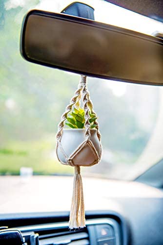 Dahey Mini Macrame Plant Car Accessories Rear View Mirrior Charm Cute Hanging Rearview Car Decor Boho Hanger with Artificial Succulent Plants for Plant Lover, 2 Pcs, 10.5 inch, White