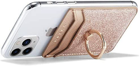 TOPWOOZU Phone Card Holder with Ring Grip for Back of Phone,Adhesive Stick-on Credit Card Wallet Pocket for iPhone,Android and Smartphones (Pink)