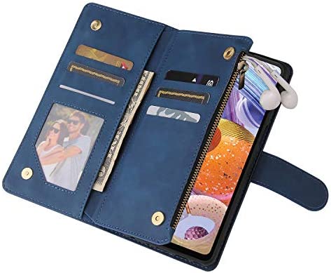 LOWPZNVE Wallet Case for TCL 10 5G UW Verizon,TCL 10 5G UW Case,Leather Handbag Zipper Pocket Card Holder Slots Wrist Strap Flip Protective Phone Cover for TCL 10 5G UW (Blue)