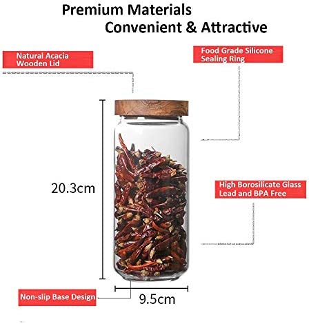 Keledz Glass Storage Jar with Wood Lids, Airtight Sealed Clear Borosilicate Glass Canister Kitchen Food Storage Containers for Coffee Beans Loose Tea Nuts Sugar Candy Spice, 450ml 16 oz (1000ml 35 oz)
