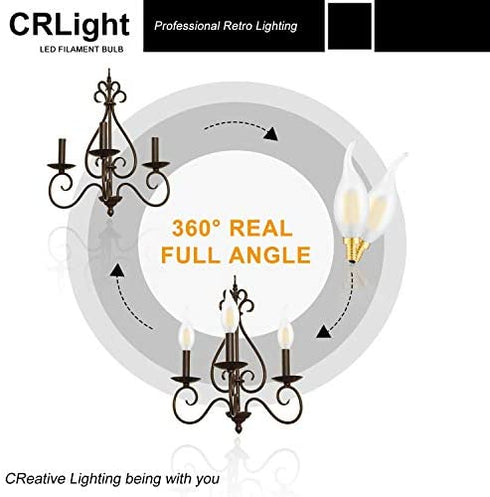 CRLight 2W LED Candelabra Bulb 3000K Soft White 25W Equivalent 250 Lumens, E12 Base Dimmable LED Chandelier Bulbs, Antique C35 Frosted Glass Candle Flame Shape Bent Tip, 6 Pack