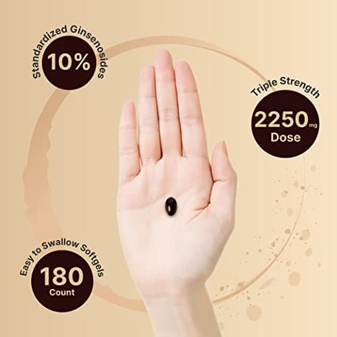 Korean Red Ginseng Extract (Panax Ginseng Root), 2250mg Per Serving, 180 Liquid Softgels, Most Active Ginsenosides Content, Strongly Support Energy Performance and Immune System, No GMOs