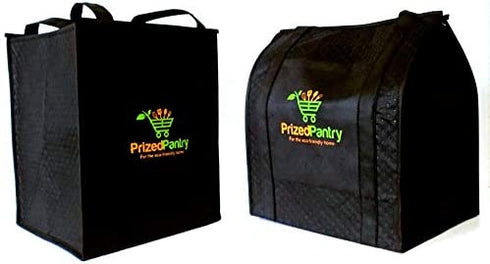 Prized Pantry 2 Pack Insulated Reusable Grocery Bags, X-Large Heavy Duty Cooler Tote Bags, Premium Insulation, Bottom Support, Wrap-Around Handles, Front Pocket, Zipper, No Leak, Keeps Food Hot/Cold
