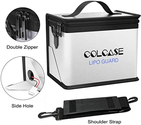 COLCASE Upgraded Fireproof Explosionproof Lipo Safe Bag for Lipo Battery Storage and Charging , Large Space Highly Sturdy Double Zipper Lipo Battery Guard (8.46x5.70x6.5 in)