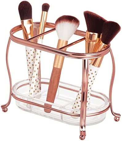 mDesign Decorative Makeup Brush Storage Organizer Tray Stand for Bathroom Vanity Counter Tops, Dressing Tables, Cosmetic Stations - 3 Sections with Removable Bottom Tray - Rose Gold/Clear