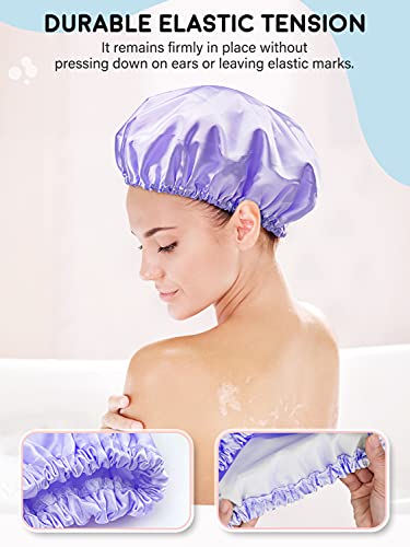POPCHOSE Shower Cap, Large Shower Caps for Women Long Hair, Reusable Double Layer Waterproof Shower Hair Bath Cap, Stylish Satin Hair Bonnet, Soft Comfortable EVA Lined Shower Hat for All Hair Length