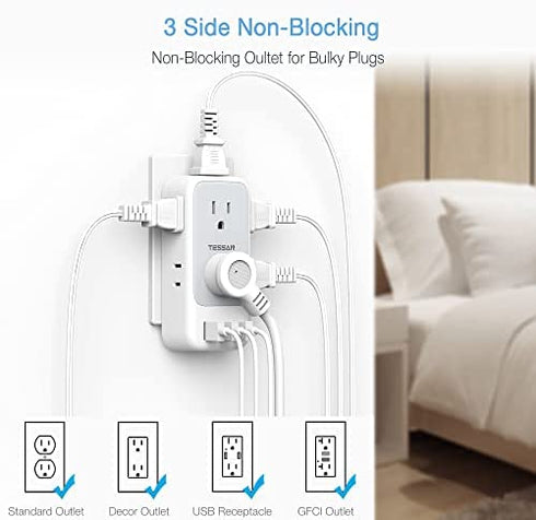 Multi Plug Outlet Extender with USB, TESSAN Electrical 7 Outlet Splitter with 3 USB Wall Charger, Multiple Power Expander for Cruise, Home, Office, Dorm Essentials
