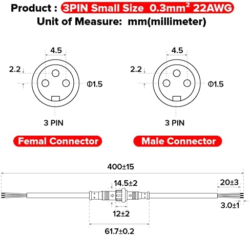 BTF-LIGHTING 3 Pin Electrical Connector 22AWG IP65 Male Female Connector 7.87in/20cm Extension Cable for Car,Truck,Boat,Indoor/Outdoor LED Strip Lights/String 15mm Nut Small Size 5 Pairs