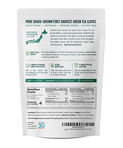 Jade Leaf Artisanal Ceremonial Grade Matcha Green Tea Powder - Authentic Japanese Origin - Barista Edition For Cafe Quality Tea & Lattes (1.76 Ounce)