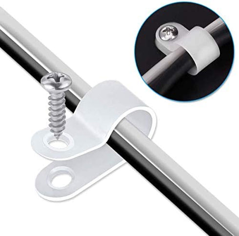 100-Pack Cable Clamps, COOLMI 3/8 Inch Rope Light P-Style Mounting Clips with Compatible Stainless Steel Pan Head Phillips Screws (100 PACK-3/8 Clips with Screws)