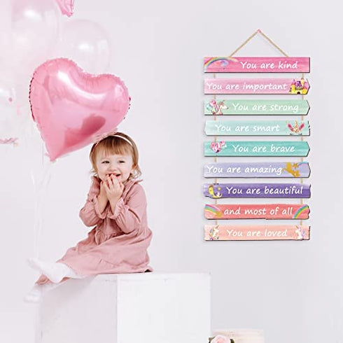 Set of 9 Unicorn Rainbow Motivational Wall Art Wall Decors Christmas Favor Are Kind Strong Loved Positive Sign Wall Decors Unicorn Sign for Teen Girl Nursery Daughter Bedroom Niece Baby Present