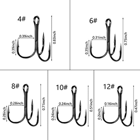 Black Treble Hooks Kit, 150pcs Sharp Treble Fishing Hooks Set High Carbon Steel Classic Round Bend Triple Fish Hooks Set for Catfish Saltwater Freshwater Size 4 6 8 10 12