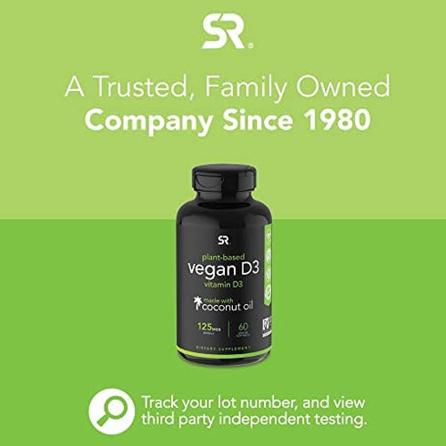 Vegan Vitamin D3 5000iu (125mcg) with Coconut Oil | 100% Plant-Based Vitamin D Supplement for Bone, Joint & Immune Support | Carrageenan Free, Vegan Certified & Non-GMO Verified (60 PlantGels)