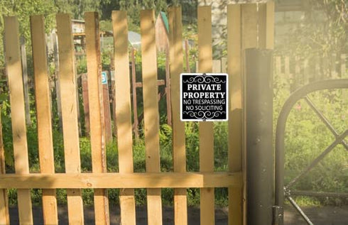 Metal Private Property No Trespassing Sign No Soliciting Sign for House 9"x9" Rust Free Aluminum UV Ink Printed,Durable/Weatherproof (2 Pack)