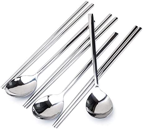 YAPULLYA Polished Stainless Steel Spoons and Chopsticks Set, Korean Chopsticks and Spoons tableware with long-hand, Reusable, set of 3-silver