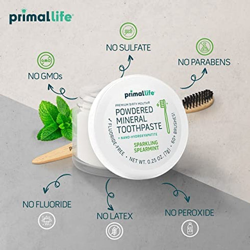 Primal Life Organics - Dirty Mouth Toothpowder, Tooth Cleaning Powder, Flavored Essential Oils With Hydroxyapatite, Natural Kaolin & Bentonite Clay, Good for 60+ Brushings, Paleo, Organic, Vegan (Spearmint, 0.25 oz)