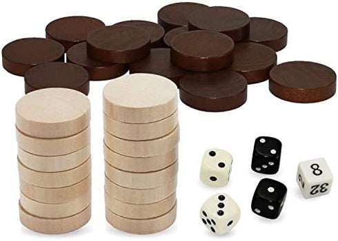 ASNEY Wooden Backgammon Pieces, Solid Wood Checker Pieces Set Board Game Table Chips and 5 Dices, Includes Storage Bag (1.34")