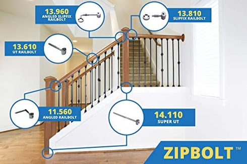 Zipbolt Handrail to Newel Post Connector — 13.810 Slipfix Railbolt, Staircase Post Fastener with 5mm Hex and Wood Plugs, Durable, Easy Installation for Residential & Commercial Use — 1 Double Pack