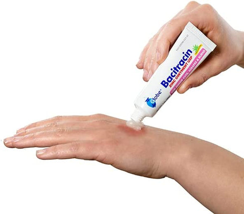(4 Pack) Globe Bacitracin Zinc Ointment + Aloe 1oz, Antibiotic Ointment, Essential Antibiotic First Aid Supplies, Healing Action, Maximum Antibiotic Power, Prevents Infection in cuts, scrapes, Burns