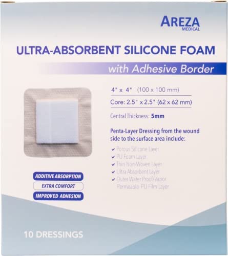 Ultra-Absorbent Silicone Foam Dressing with Border (Adhesive) Waterproof 4" X 4" (10 Cm X 10 Cm) (Central Ultra-Absorbent Foam 2.5" X 2.5") 10 Per Box (1) Wound Dressing by Areza Medical