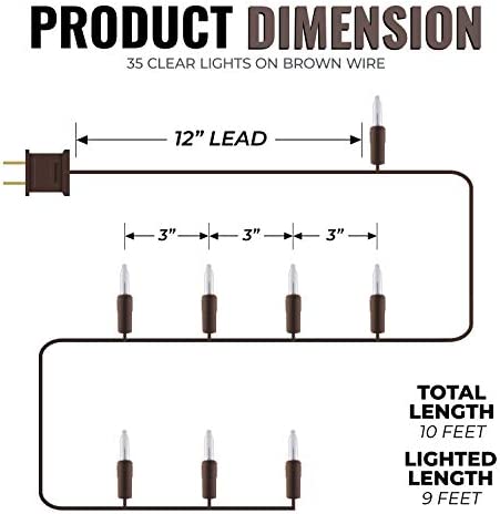 612 Vermont 35 Clear Mini Christmas String Lights on Brown Wire Cord, UL Approved for Indoor Use Only, 9 Foot of Lighted Length, 10 Foot of Total Length