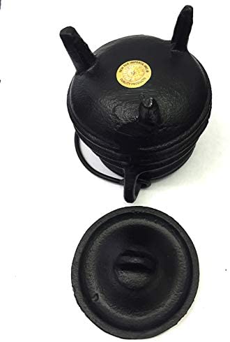 New Age Imports, Inc. Cast Iron Cauldron w/handle & lid, ideal for smudging, incense burning, ritual purpose, decoration, halloween decoration, candle holder, etc. (Ribbed Style 4" High, 2.25" Dia)